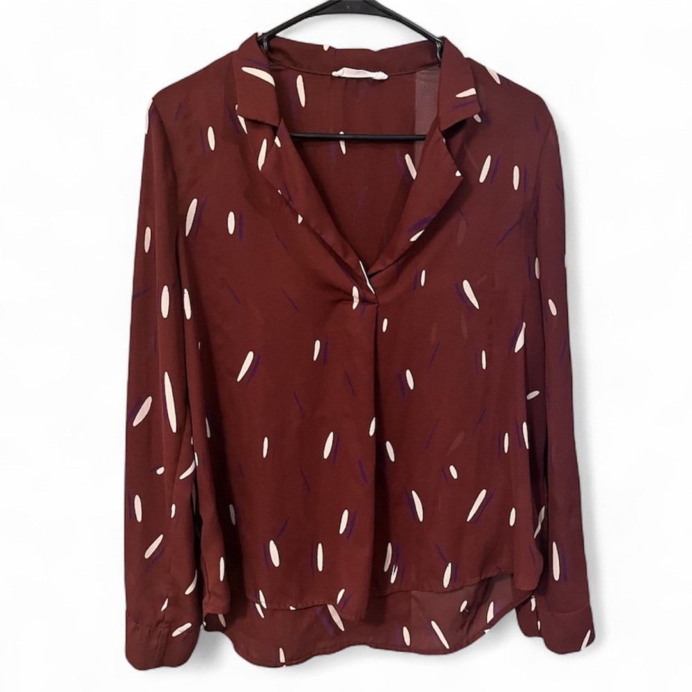Elegant LUSH Collared Maroon Sheer Blouse with White and Purple Accents